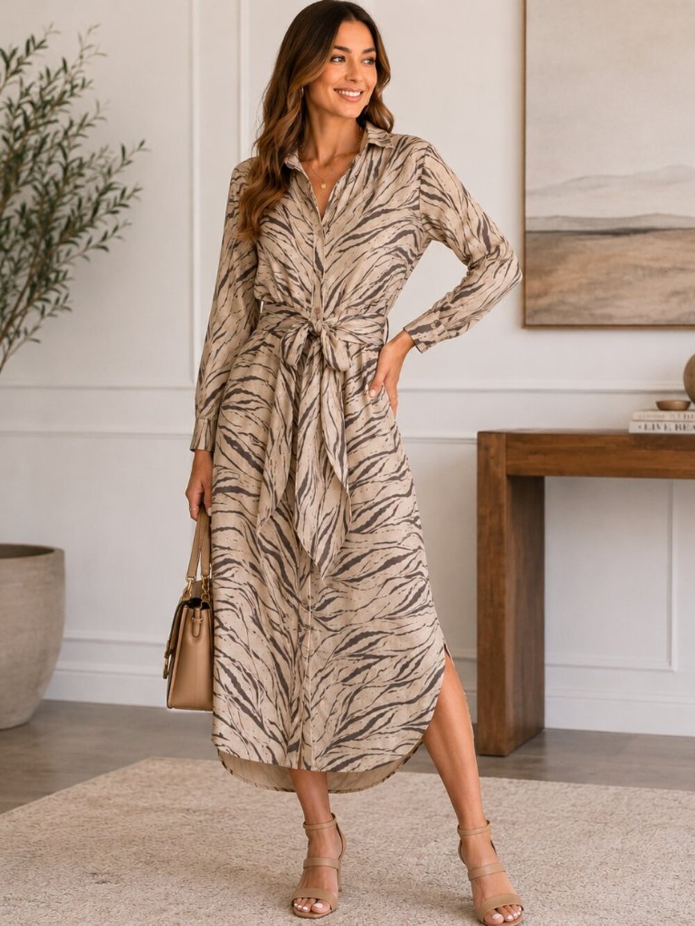 DO+BE Zebra Print Shirt Dress Medium Tie Waist Midi Dress Long Sleeve Neutral